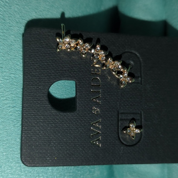 Ava & Aiden Gold Tone Flower Stud Earrings & Matching 1" Ear Cuff | Dainty & Mod - Picture 2 of 5